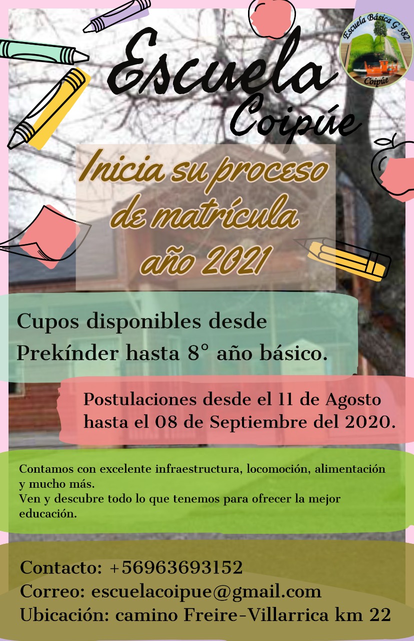 Proceso de Postulación año escolar 2021, Escuela Coipue, Freire